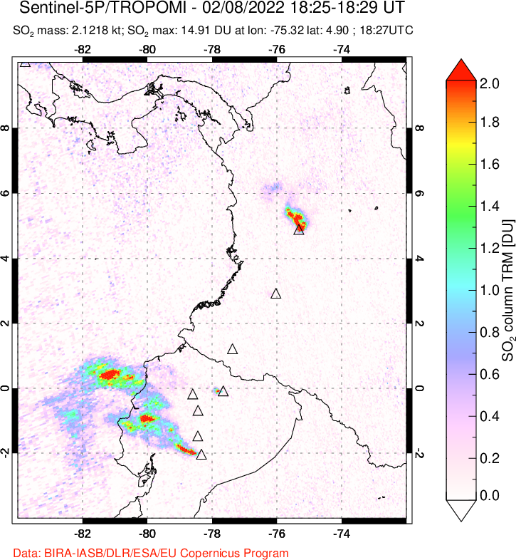 A sulfur dioxide image over Ecuador on Feb 08, 2022.