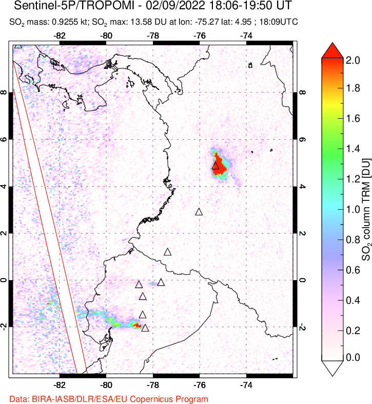 A sulfur dioxide image over Ecuador on Feb 09, 2022.