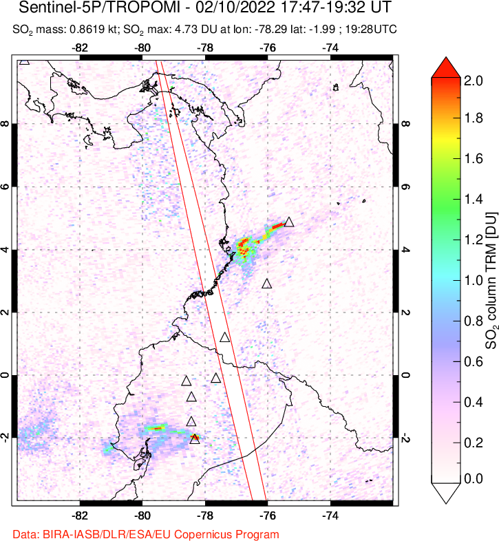 A sulfur dioxide image over Ecuador on Feb 10, 2022.