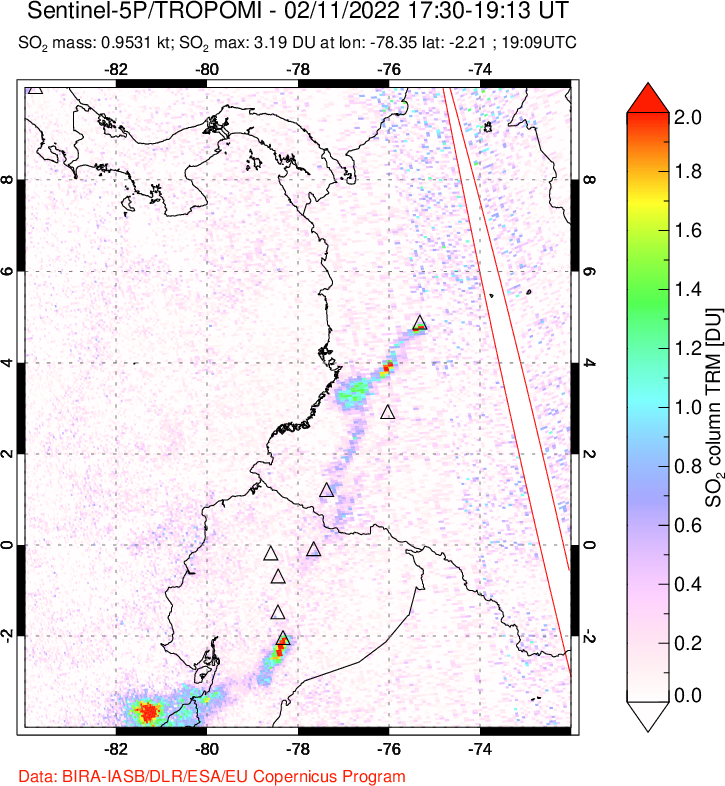 A sulfur dioxide image over Ecuador on Feb 11, 2022.