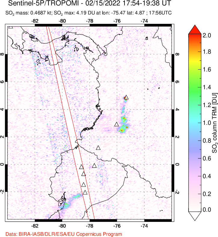 A sulfur dioxide image over Ecuador on Feb 15, 2022.