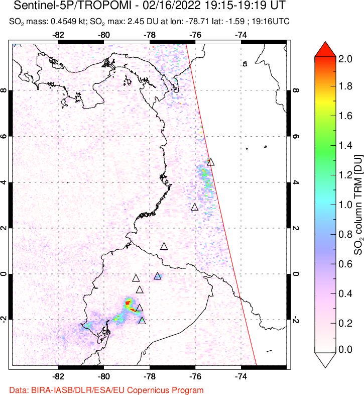 A sulfur dioxide image over Ecuador on Feb 16, 2022.