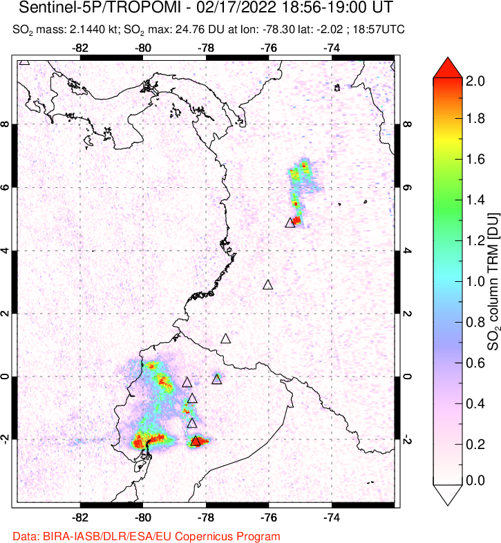 A sulfur dioxide image over Ecuador on Feb 17, 2022.