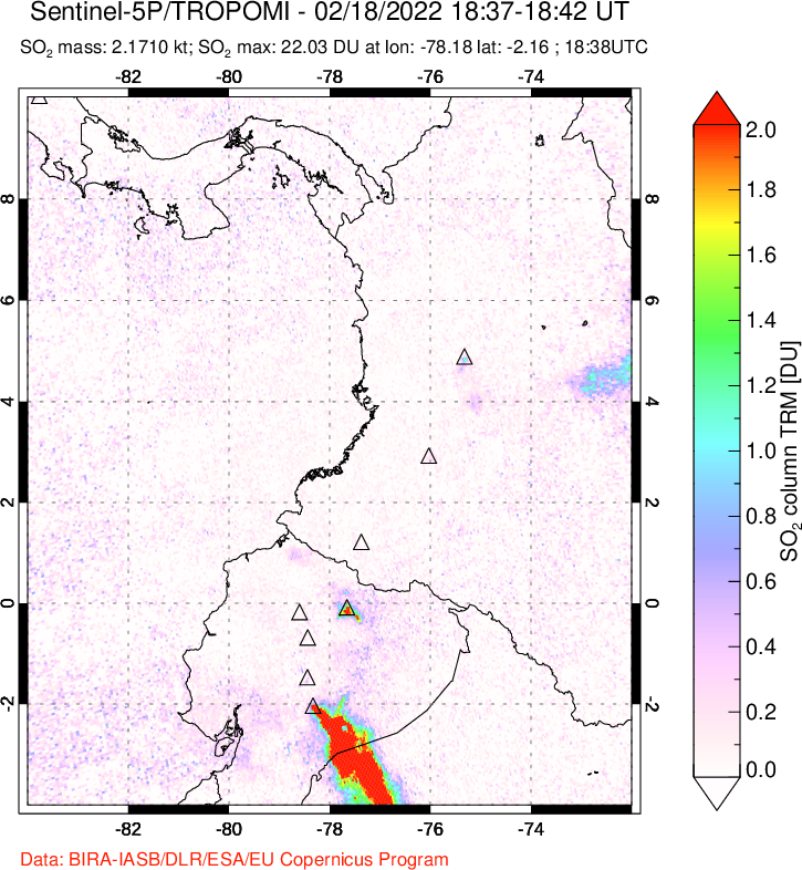 A sulfur dioxide image over Ecuador on Feb 18, 2022.