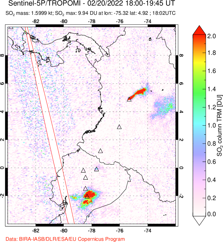A sulfur dioxide image over Ecuador on Feb 20, 2022.