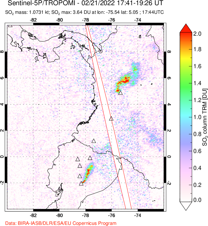 A sulfur dioxide image over Ecuador on Feb 21, 2022.