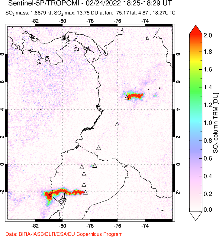 A sulfur dioxide image over Ecuador on Feb 24, 2022.