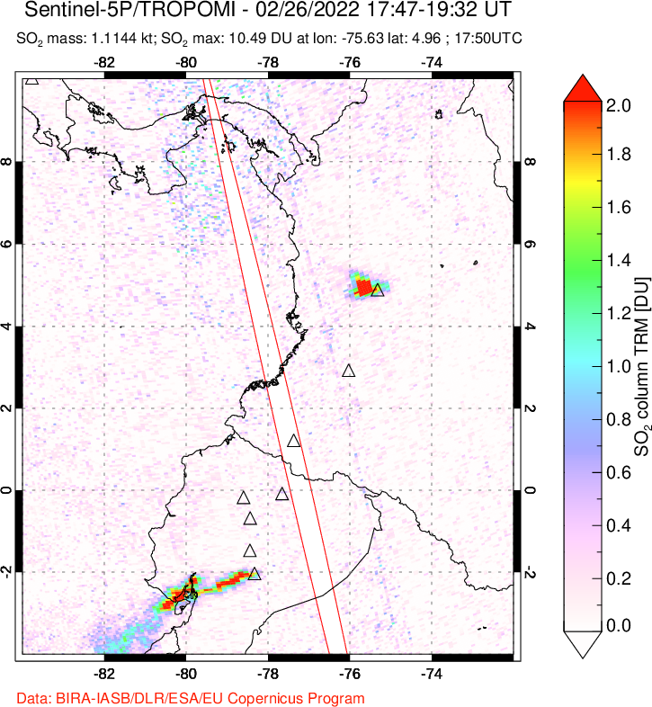 A sulfur dioxide image over Ecuador on Feb 26, 2022.