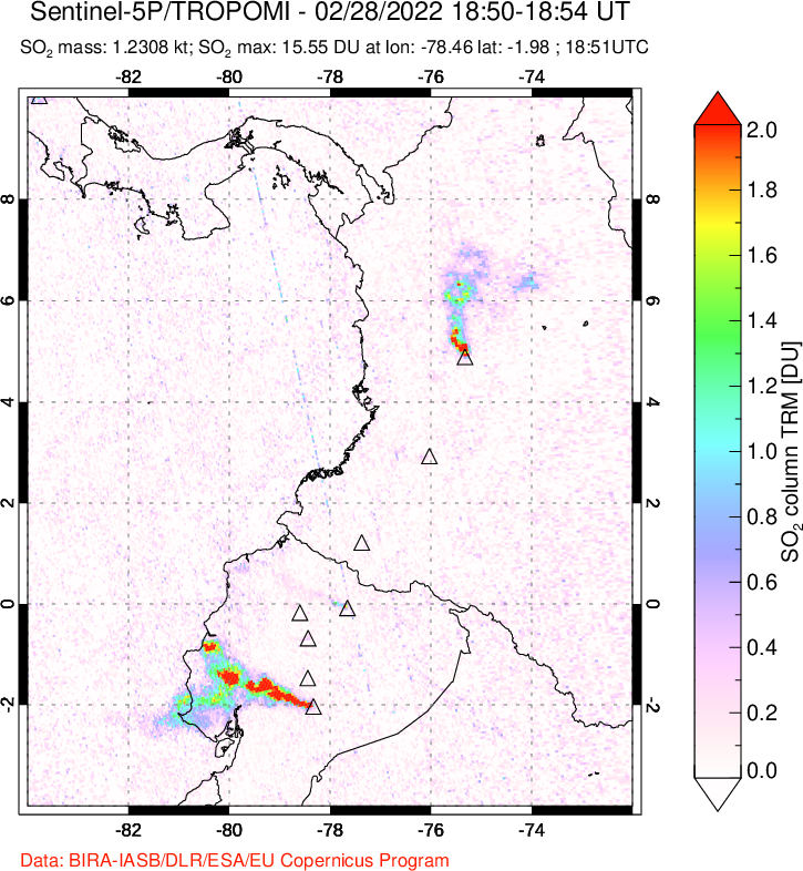 A sulfur dioxide image over Ecuador on Feb 28, 2022.