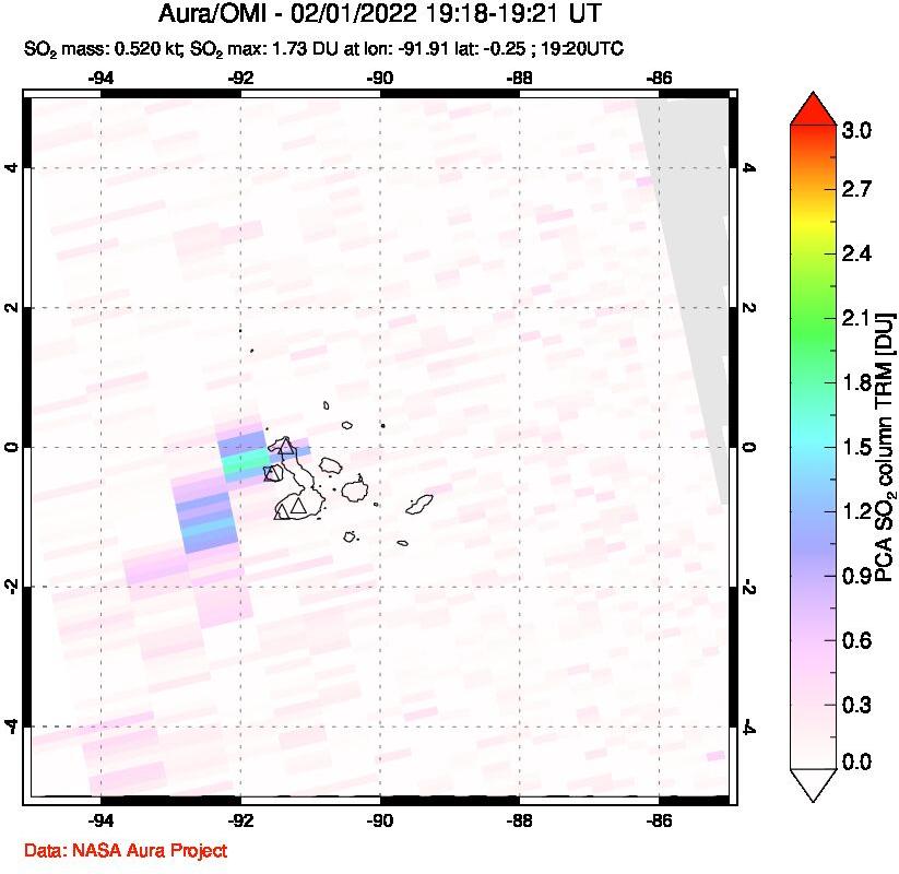 A sulfur dioxide image over Galápagos Islands on Feb 01, 2022.