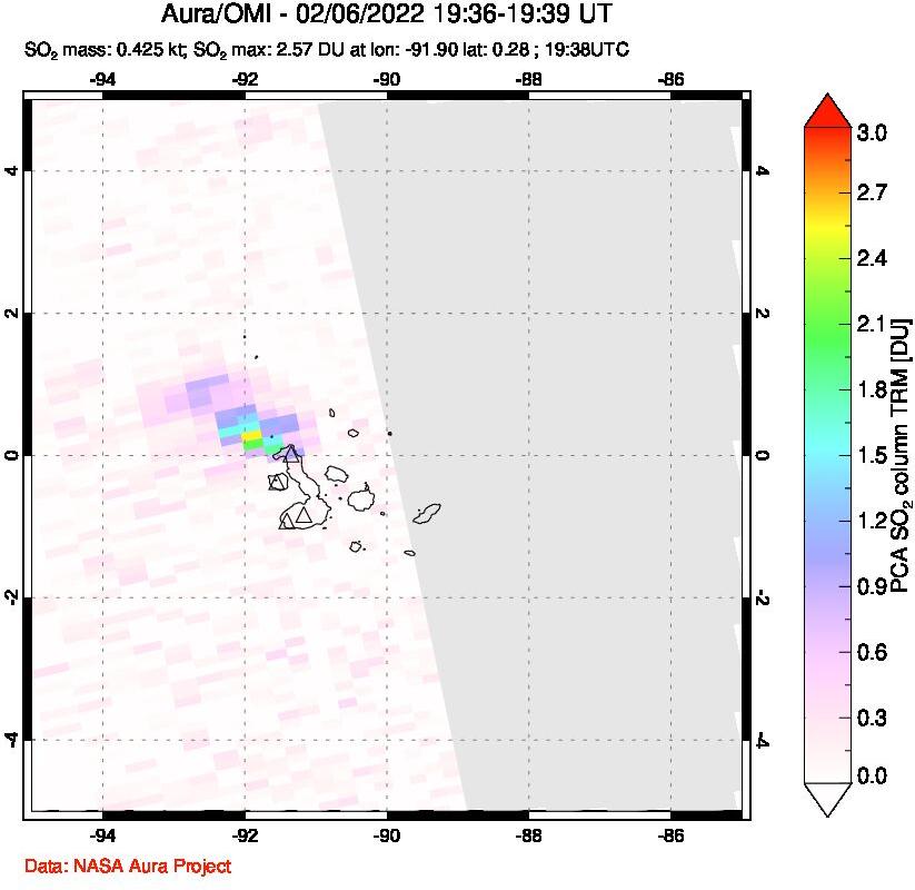 A sulfur dioxide image over Galápagos Islands on Feb 06, 2022.