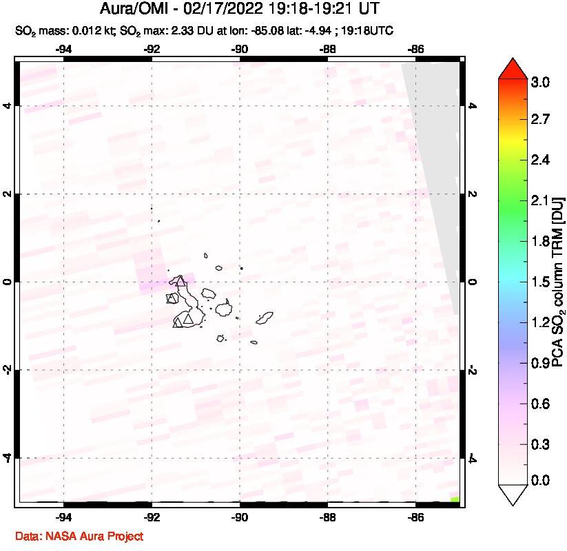 A sulfur dioxide image over Galápagos Islands on Feb 17, 2022.