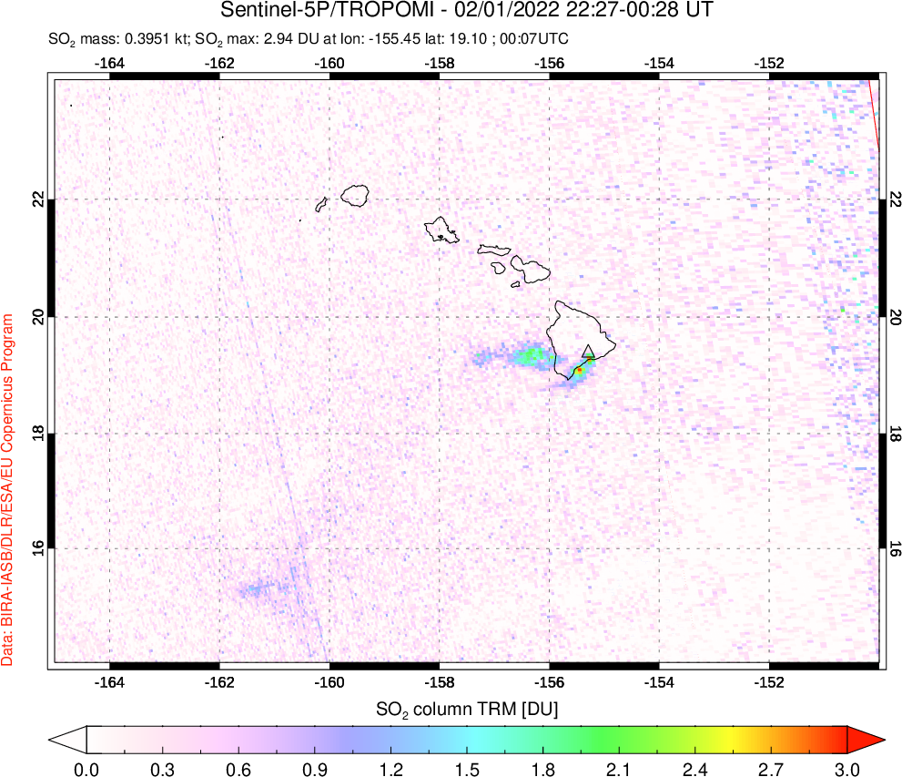 A sulfur dioxide image over Hawaii, USA on Feb 01, 2022.