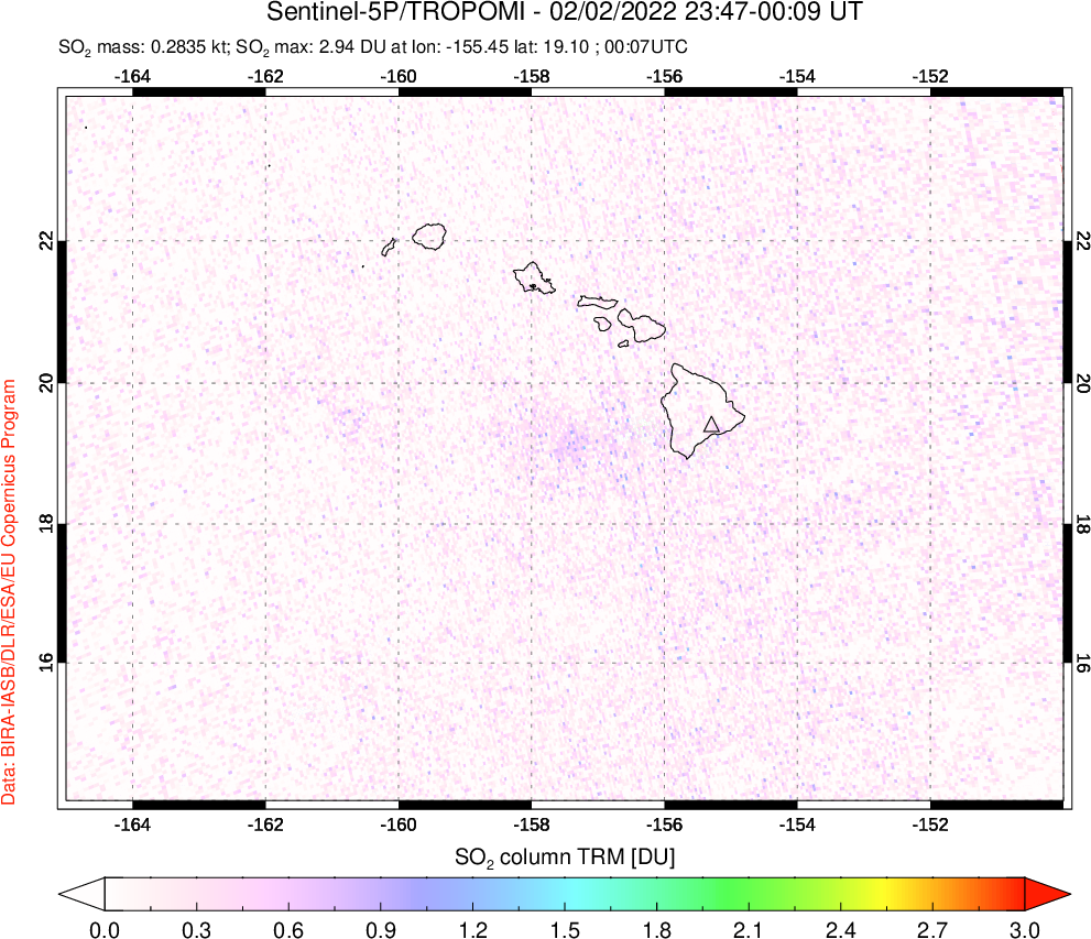 A sulfur dioxide image over Hawaii, USA on Feb 02, 2022.