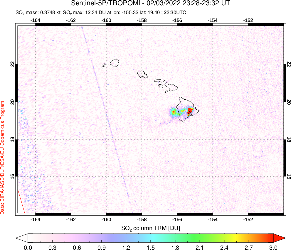 A sulfur dioxide image over Hawaii, USA on Feb 03, 2022.