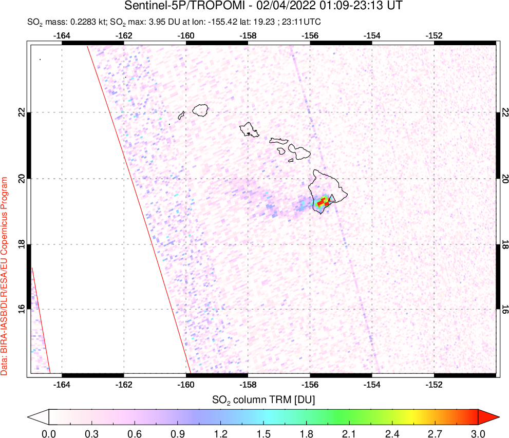 A sulfur dioxide image over Hawaii, USA on Feb 04, 2022.