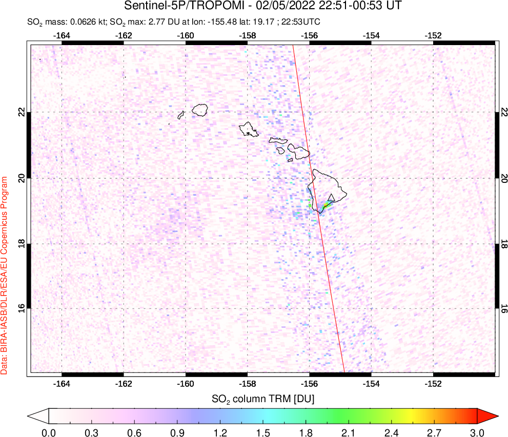 A sulfur dioxide image over Hawaii, USA on Feb 05, 2022.
