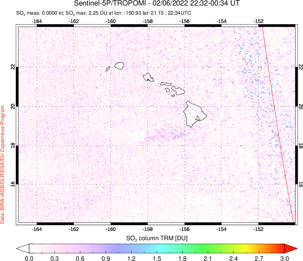 A sulfur dioxide image over Hawaii, USA on Feb 06, 2022.
