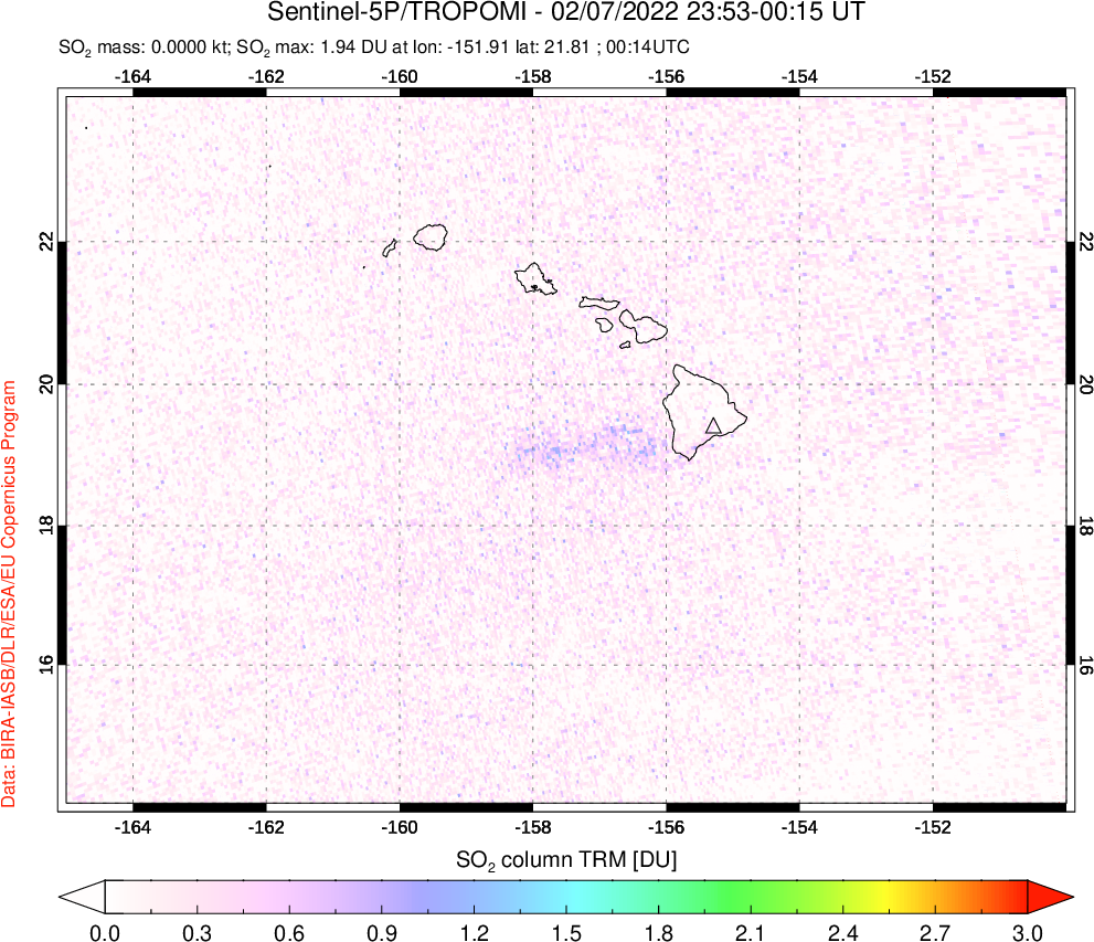 A sulfur dioxide image over Hawaii, USA on Feb 07, 2022.
