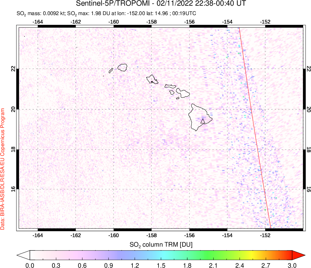 A sulfur dioxide image over Hawaii, USA on Feb 11, 2022.