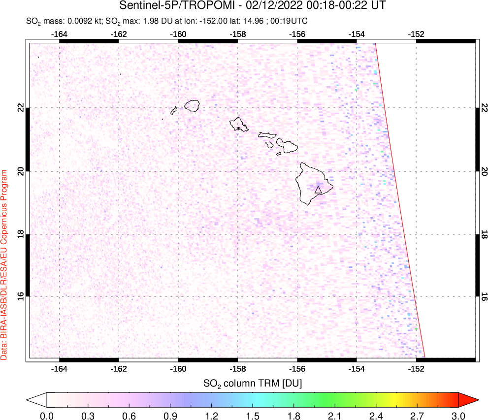 A sulfur dioxide image over Hawaii, USA on Feb 12, 2022.