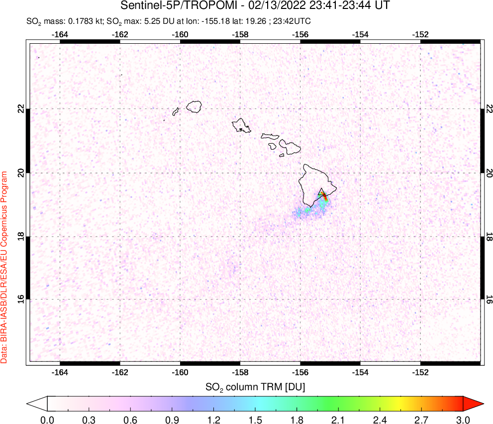 A sulfur dioxide image over Hawaii, USA on Feb 13, 2022.