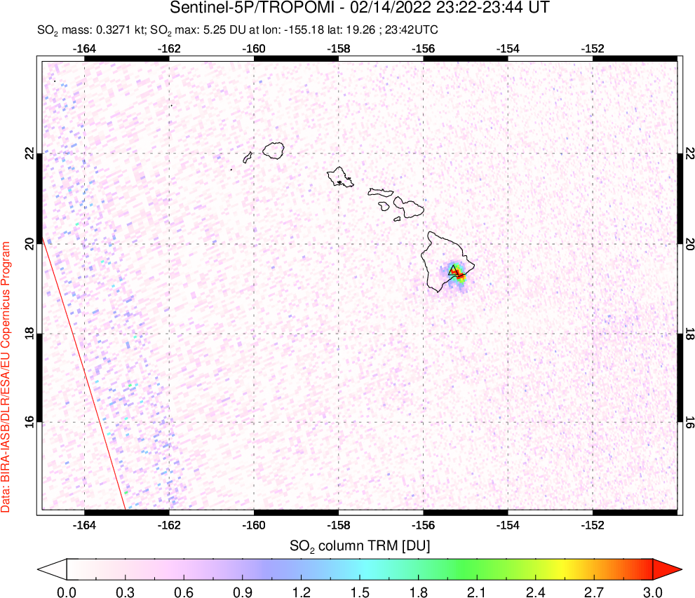 A sulfur dioxide image over Hawaii, USA on Feb 14, 2022.