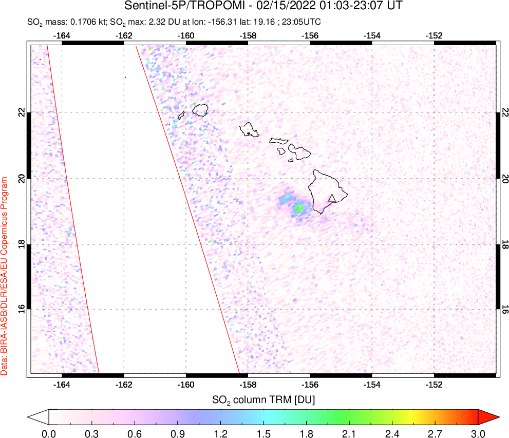 A sulfur dioxide image over Hawaii, USA on Feb 15, 2022.
