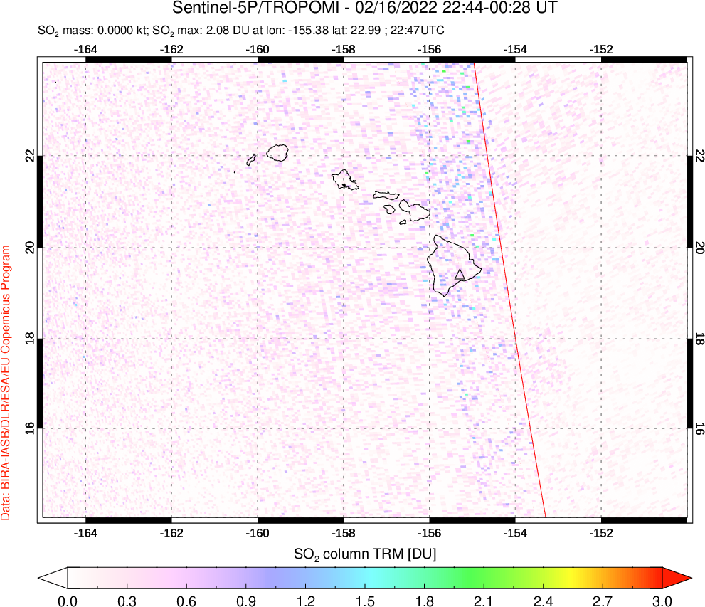 A sulfur dioxide image over Hawaii, USA on Feb 16, 2022.