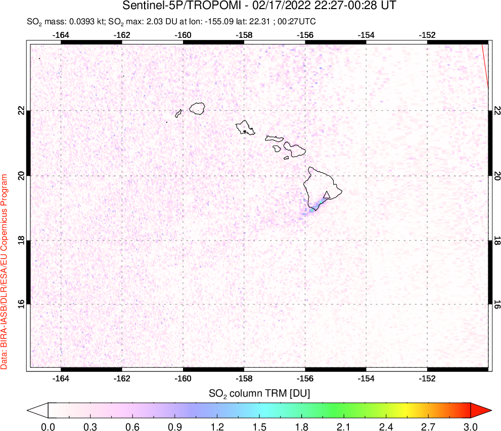 A sulfur dioxide image over Hawaii, USA on Feb 17, 2022.
