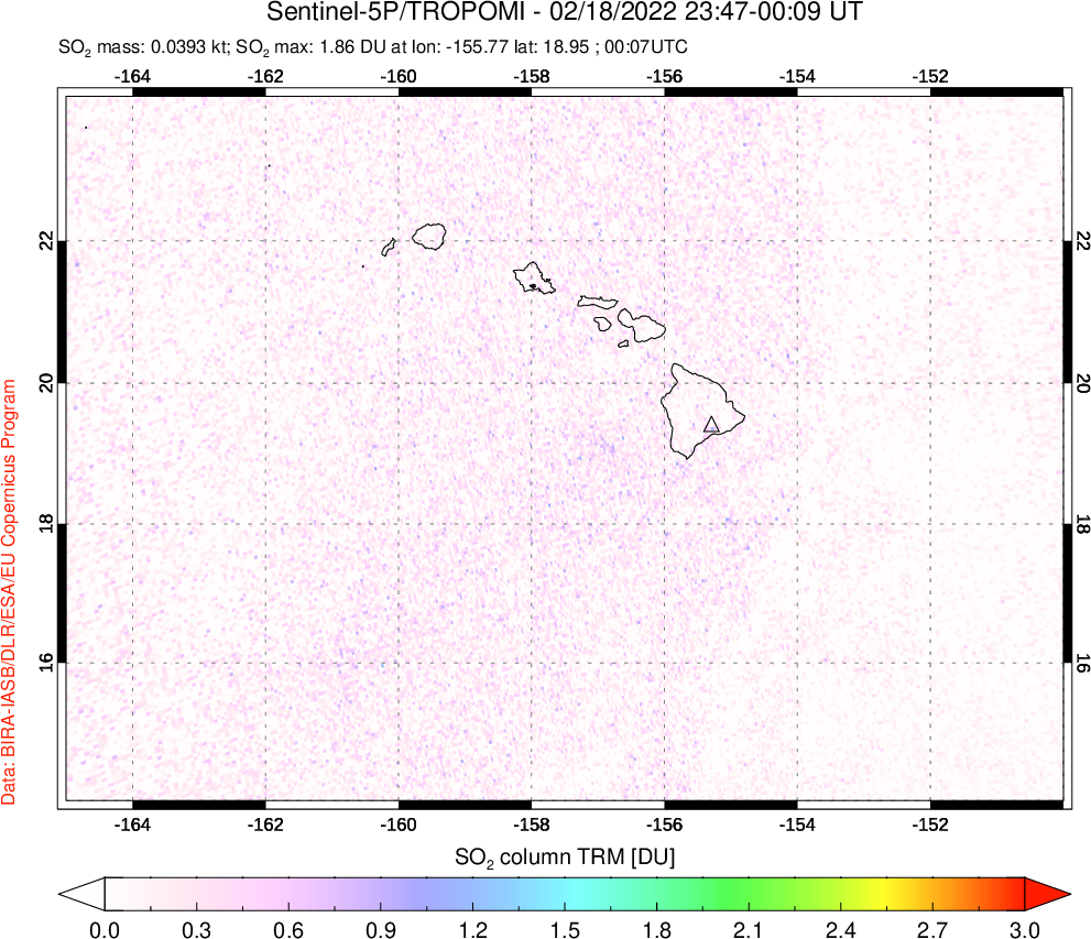 A sulfur dioxide image over Hawaii, USA on Feb 18, 2022.