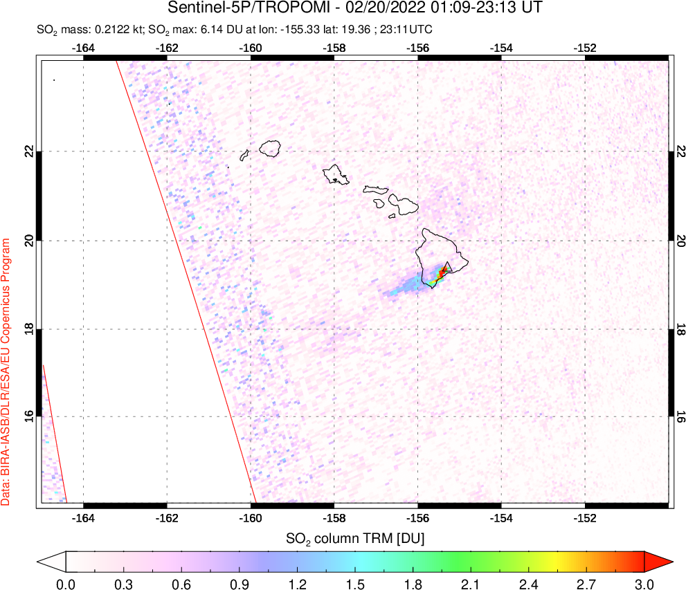 A sulfur dioxide image over Hawaii, USA on Feb 20, 2022.
