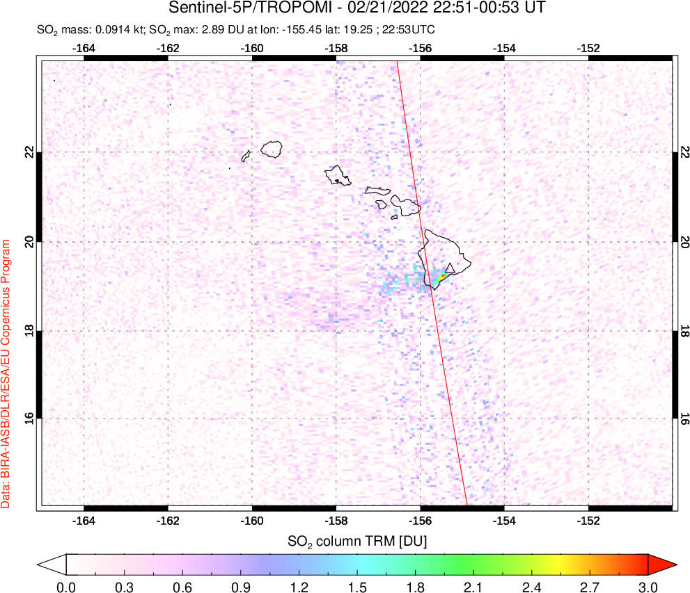 A sulfur dioxide image over Hawaii, USA on Feb 21, 2022.