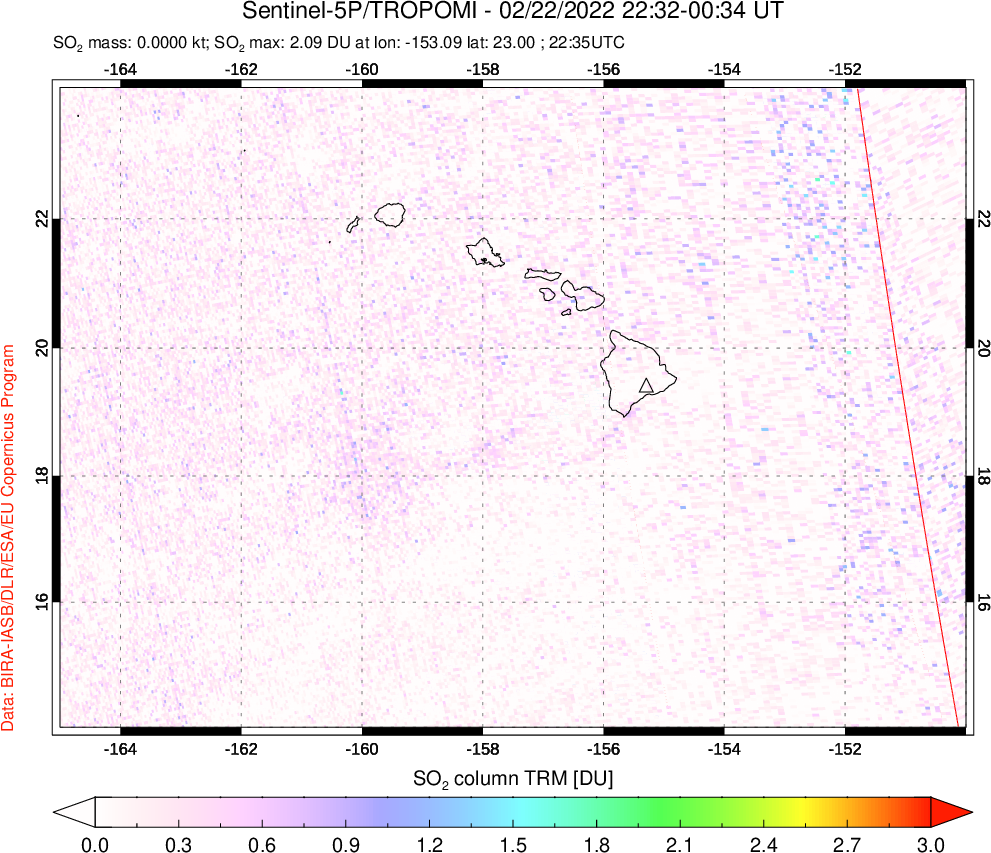A sulfur dioxide image over Hawaii, USA on Feb 22, 2022.