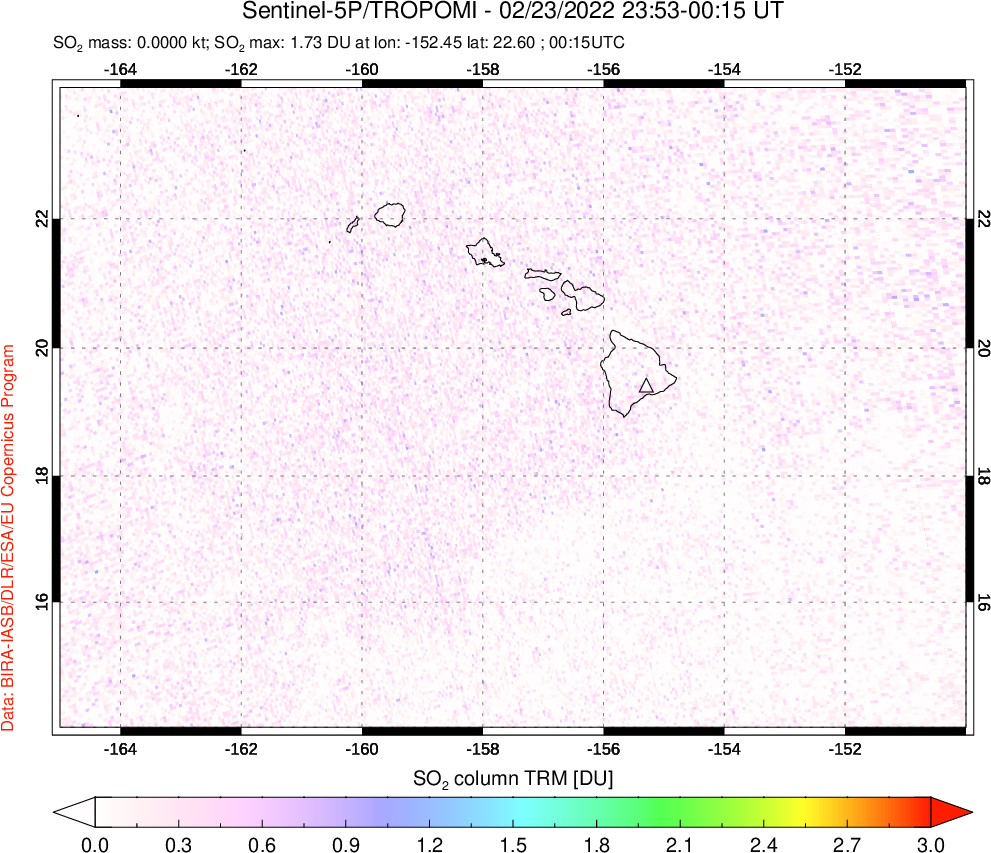 A sulfur dioxide image over Hawaii, USA on Feb 23, 2022.