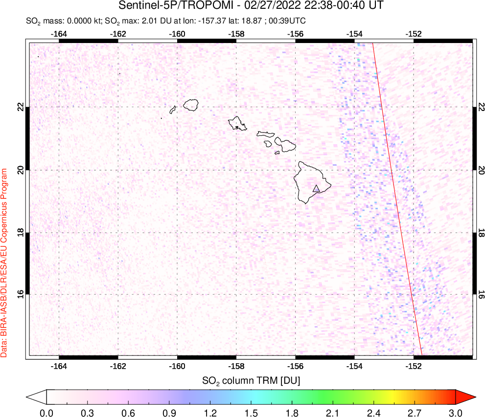 A sulfur dioxide image over Hawaii, USA on Feb 27, 2022.