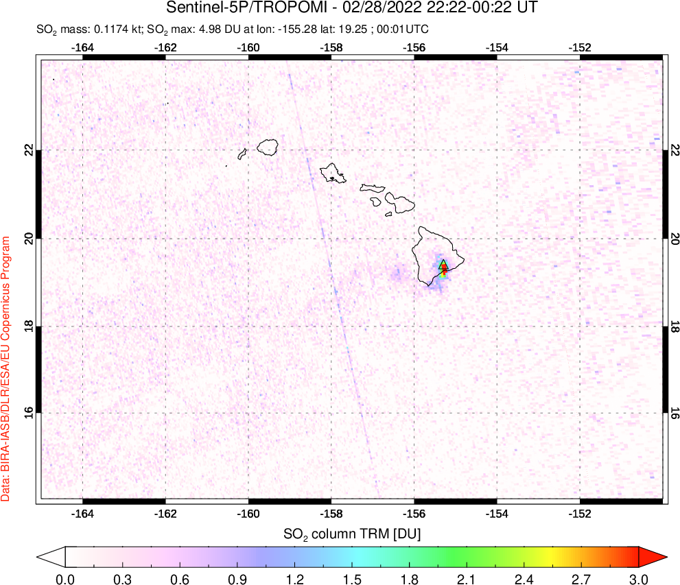 A sulfur dioxide image over Hawaii, USA on Feb 28, 2022.
