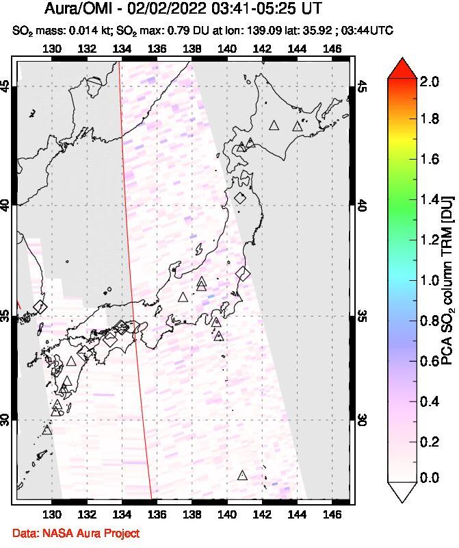 A sulfur dioxide image over Japan on Feb 02, 2022.