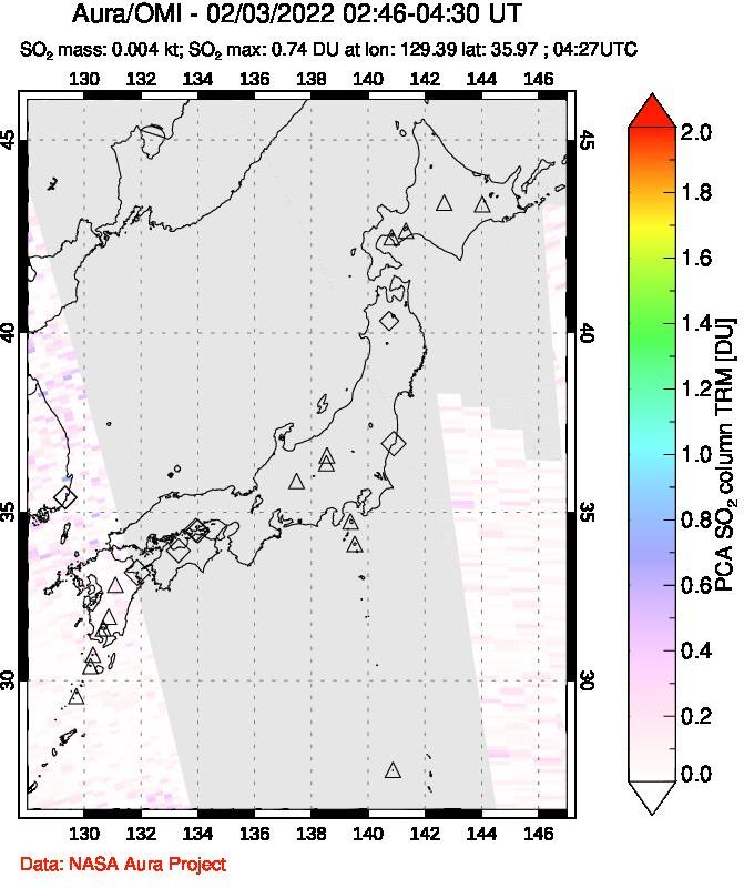 A sulfur dioxide image over Japan on Feb 03, 2022.