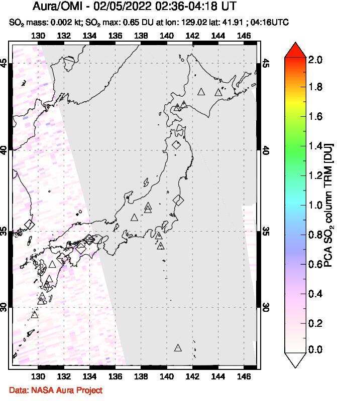 A sulfur dioxide image over Japan on Feb 05, 2022.