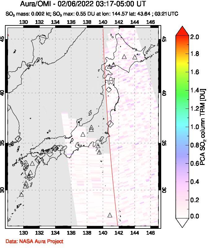 A sulfur dioxide image over Japan on Feb 06, 2022.