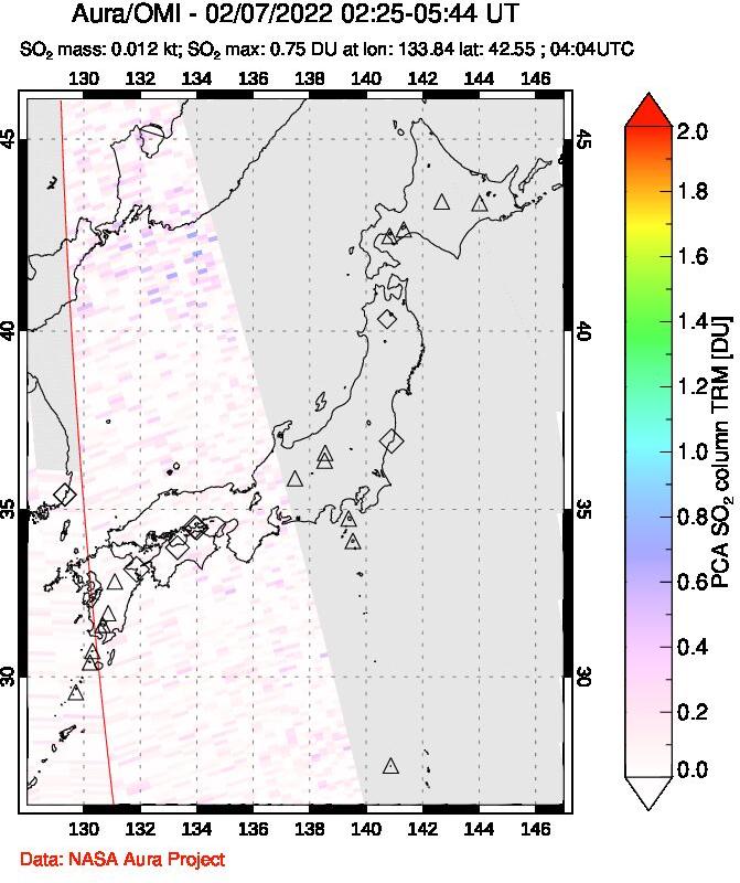 A sulfur dioxide image over Japan on Feb 07, 2022.