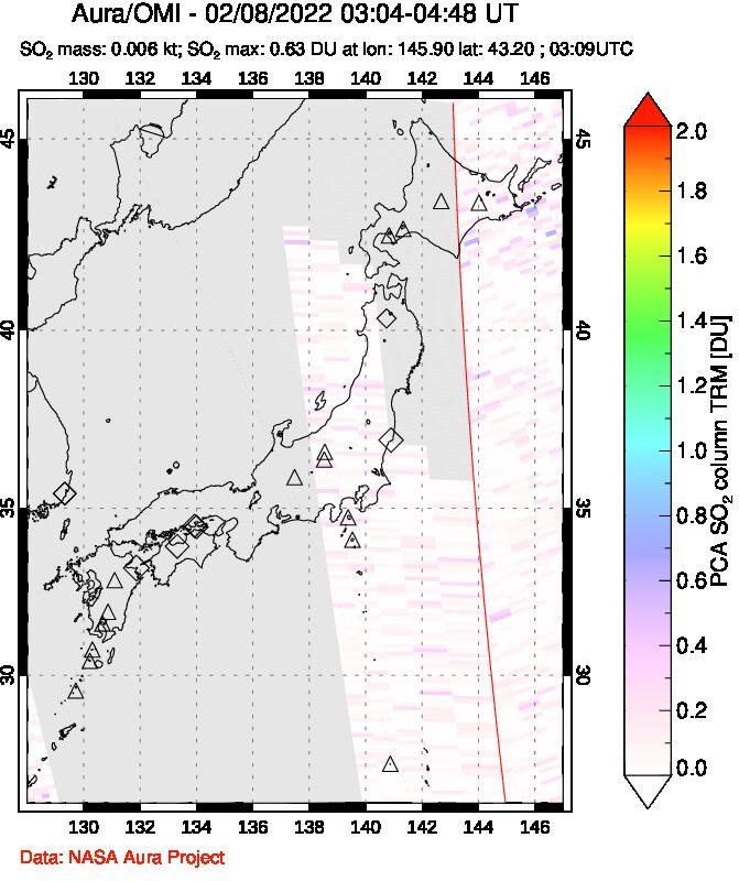 A sulfur dioxide image over Japan on Feb 08, 2022.