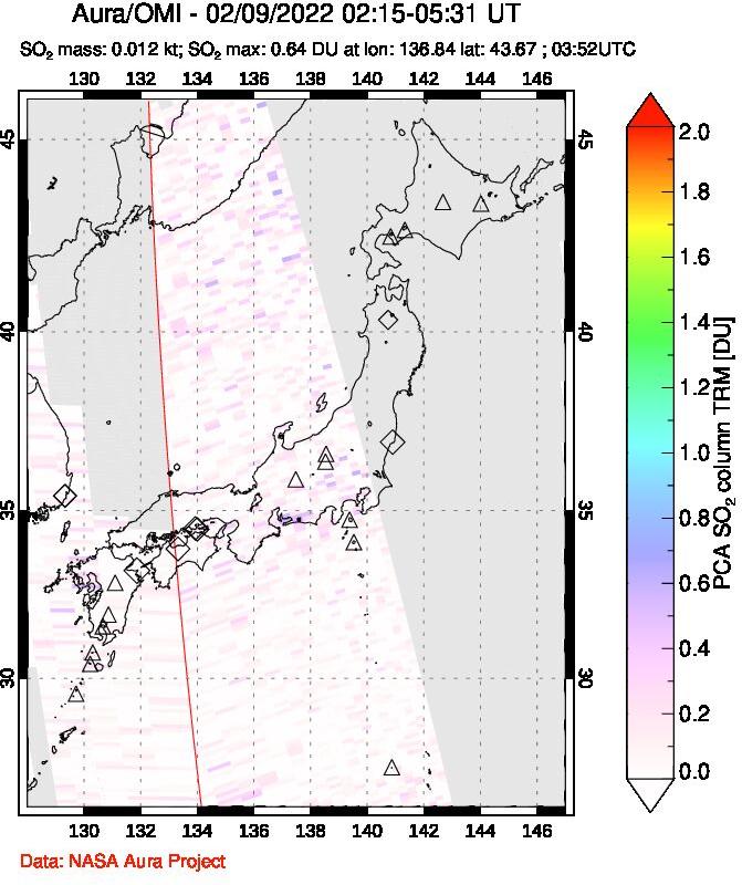 A sulfur dioxide image over Japan on Feb 09, 2022.