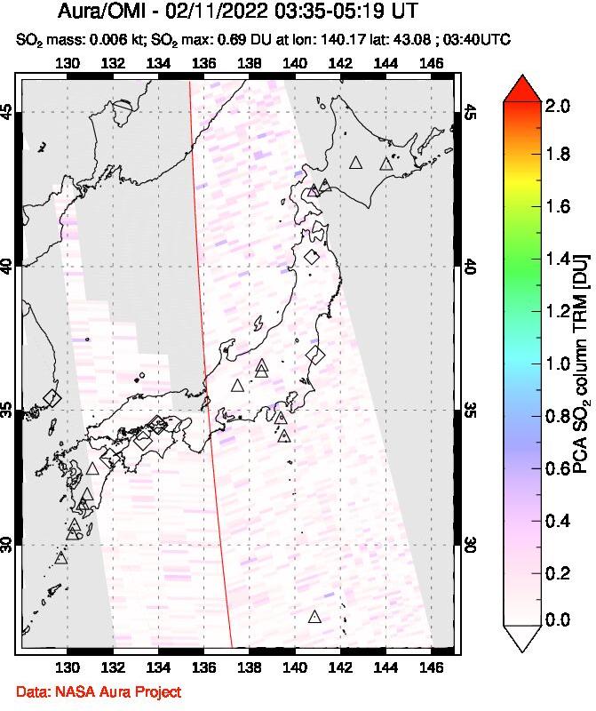 A sulfur dioxide image over Japan on Feb 11, 2022.