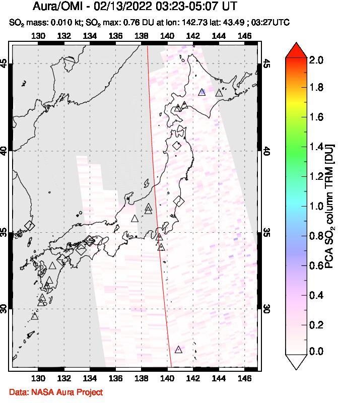 A sulfur dioxide image over Japan on Feb 13, 2022.