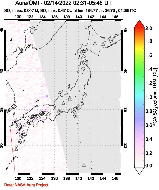 A sulfur dioxide image over Japan on Feb 14, 2022.