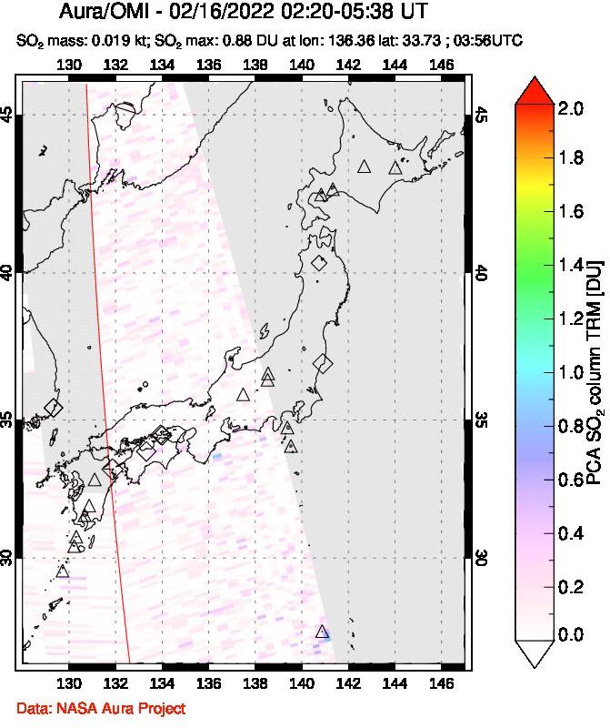 A sulfur dioxide image over Japan on Feb 16, 2022.