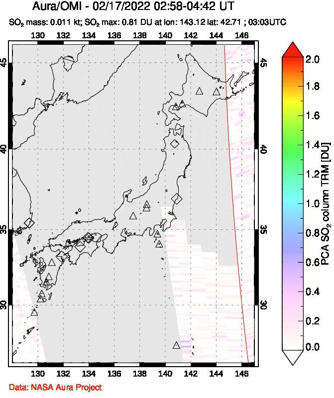 A sulfur dioxide image over Japan on Feb 17, 2022.