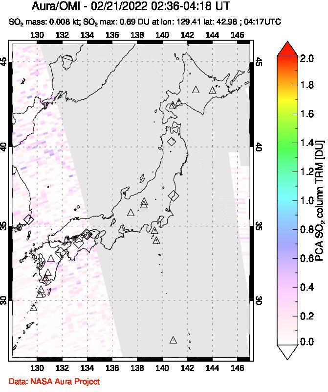 A sulfur dioxide image over Japan on Feb 21, 2022.